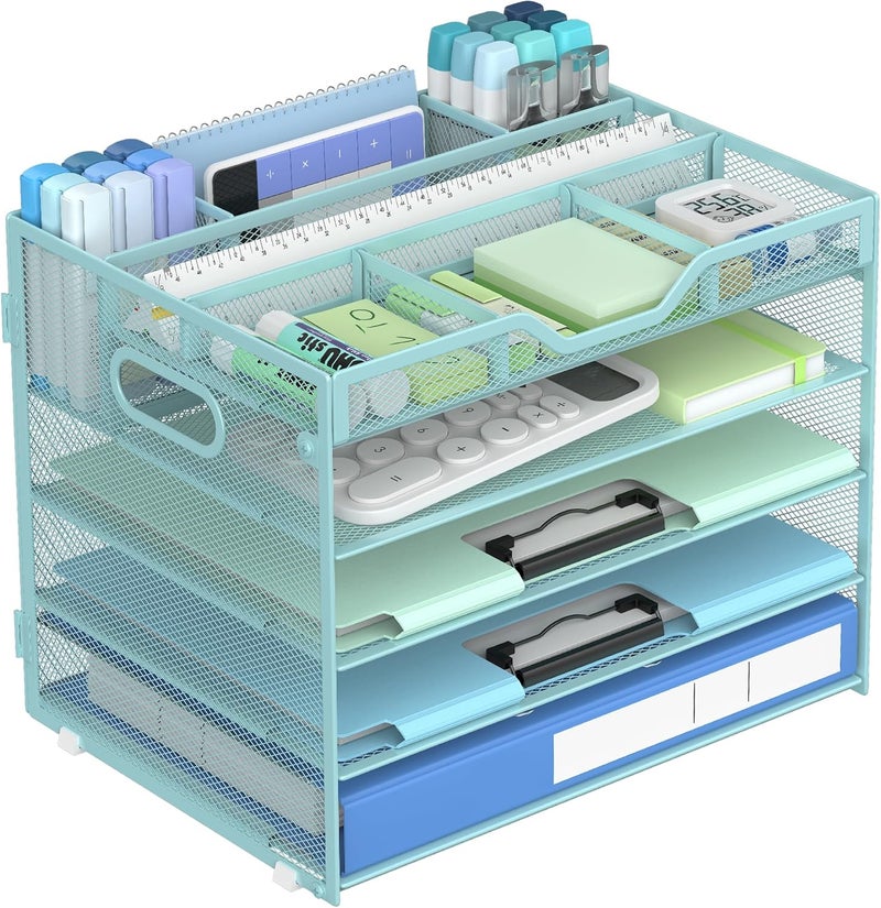 Docnest 5 Tier Mesh Desk Organizer- Letter Tray with Adjustable Compartments, Mesh Desktop Storage Built in Pen Holder and Handles, Desk Organizer Tray for Mail Documents Office Supplies-Blue - Image 1